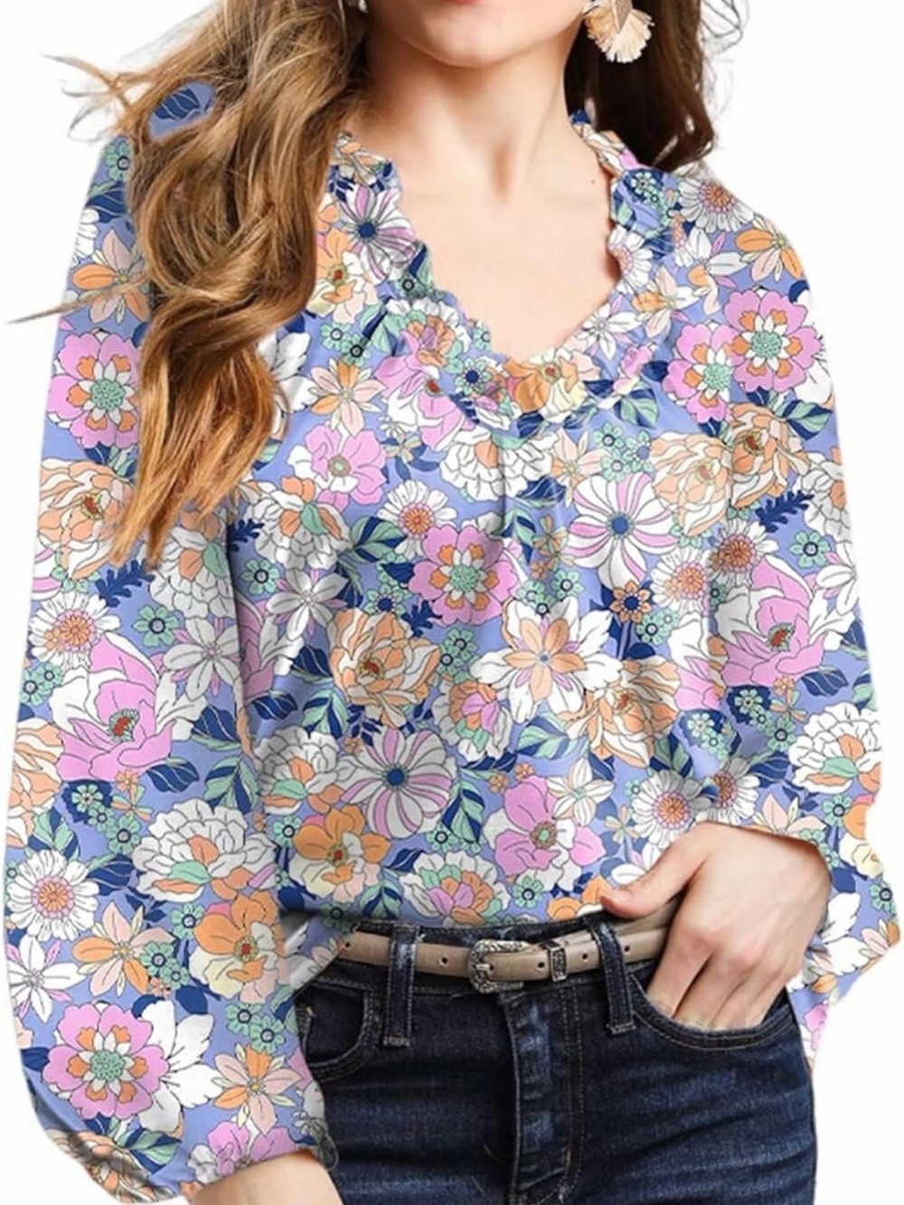 Floral Ruffle-Neck Women’s Blouse - Blue Pink Multi